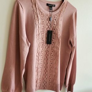 Cable and Gauge Blouson Sleeve lightweight Pullover With Lace detail NWT size L